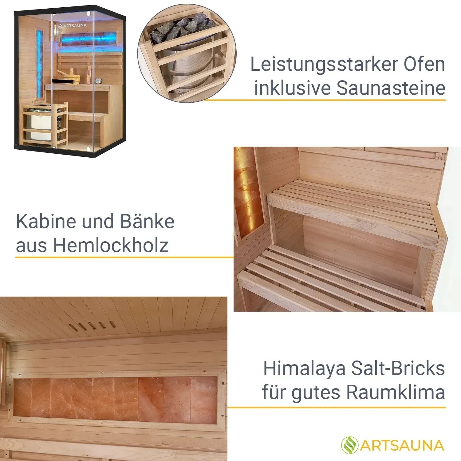 Artsauna Vantaa Sauna 120x120 mit 3,5 kW Ofen, Hemlockholz, Glasfront, Salzsteine. Wellness für 2 Personen.