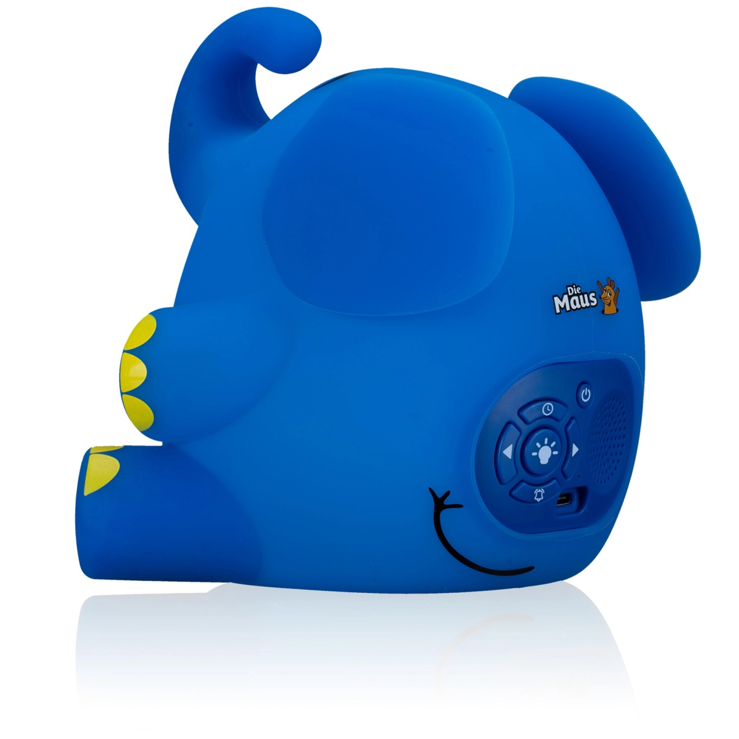 DieMaus Lichtwecker im Elefant-Design, blau. Kinderwecker mit Nachtlichtfunktion und Bedienelementen.