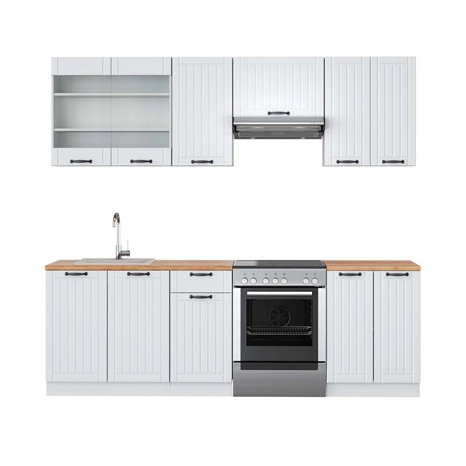 Vicco Fame-Line Küchenzeile Weiß Landhaus/Weiß 240 cm AP Eiche günstig online kaufen