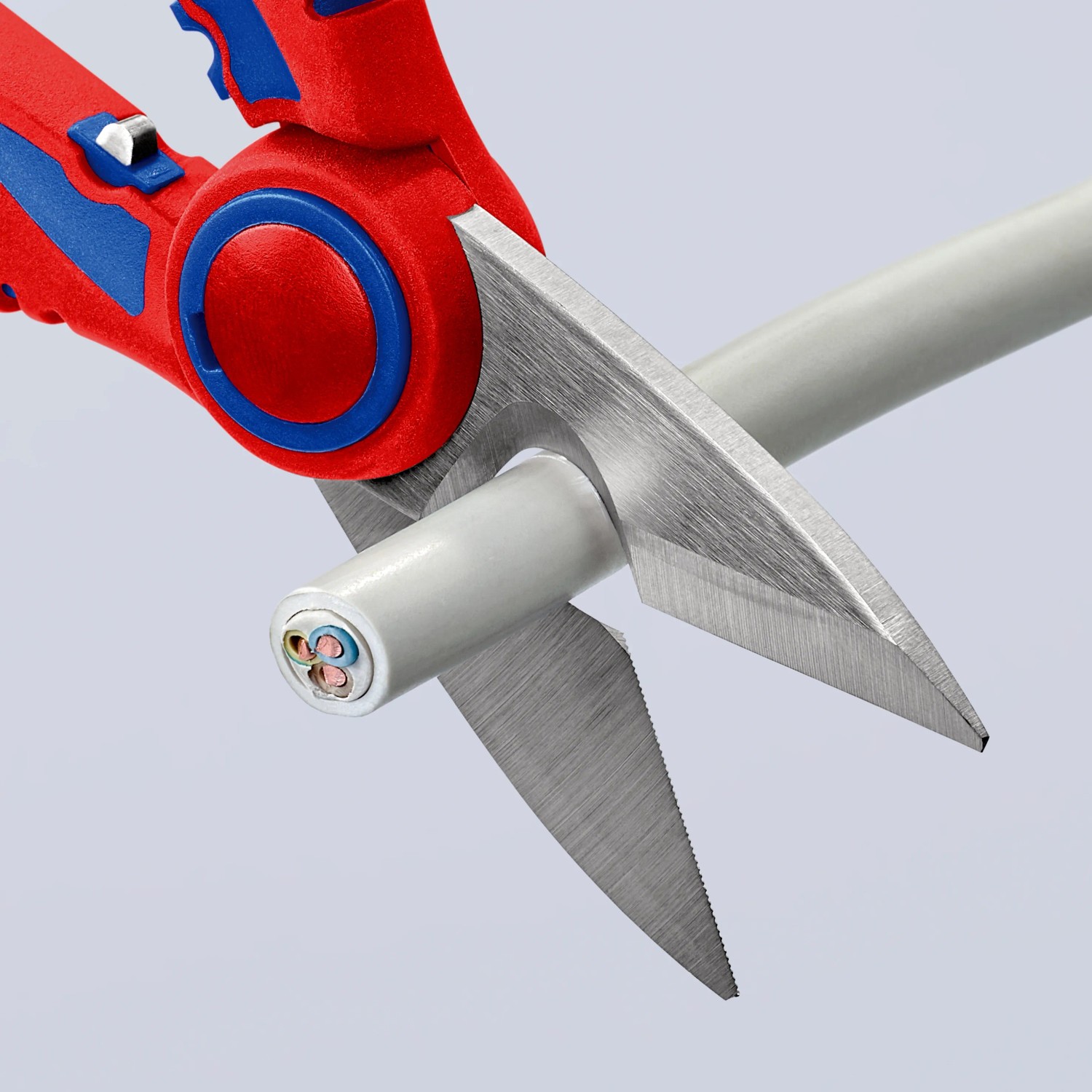 Knipex Elektrikerschere 160mm schneidet Kabel. Zange mit rot-blauem Griff.