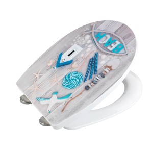 Wenko WC-Sitz Beach High Gloss mit Strand-Motiv und Absenkautomatik.