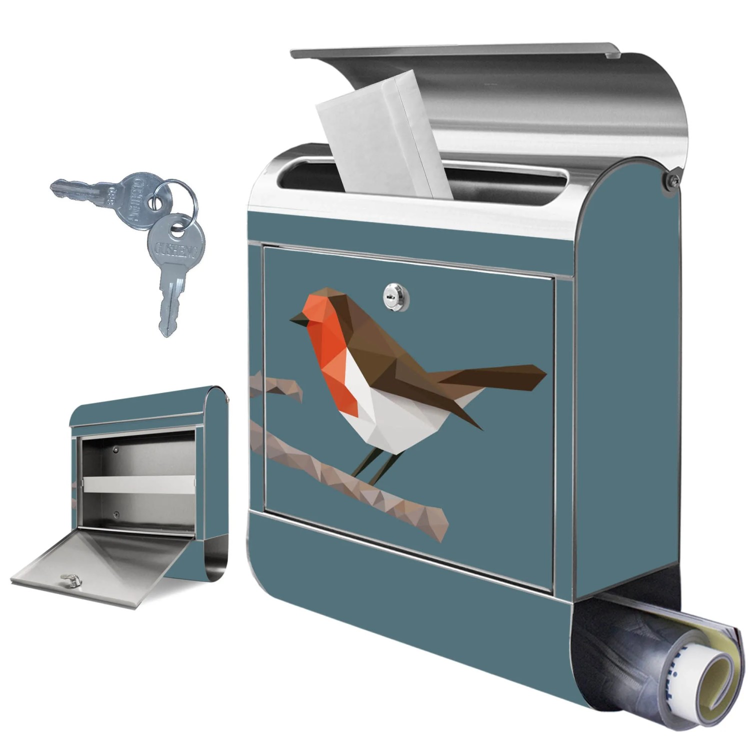 Edelstahl Briefkasten mit Zeitungsfach und Vogel Motiv. Rostfreier Wandbriefkasten.