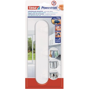 Tesa Hakenleiste, selbstklebend, weiß, mit 4 Powerstrips Large, bis 2kg Halteleistung.