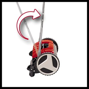 Einhell Hand-Rasenmäher GE-HM 38 S-F: Detailaufnahme der verstellbaren Griffstange mit Pfeilmarkierung.