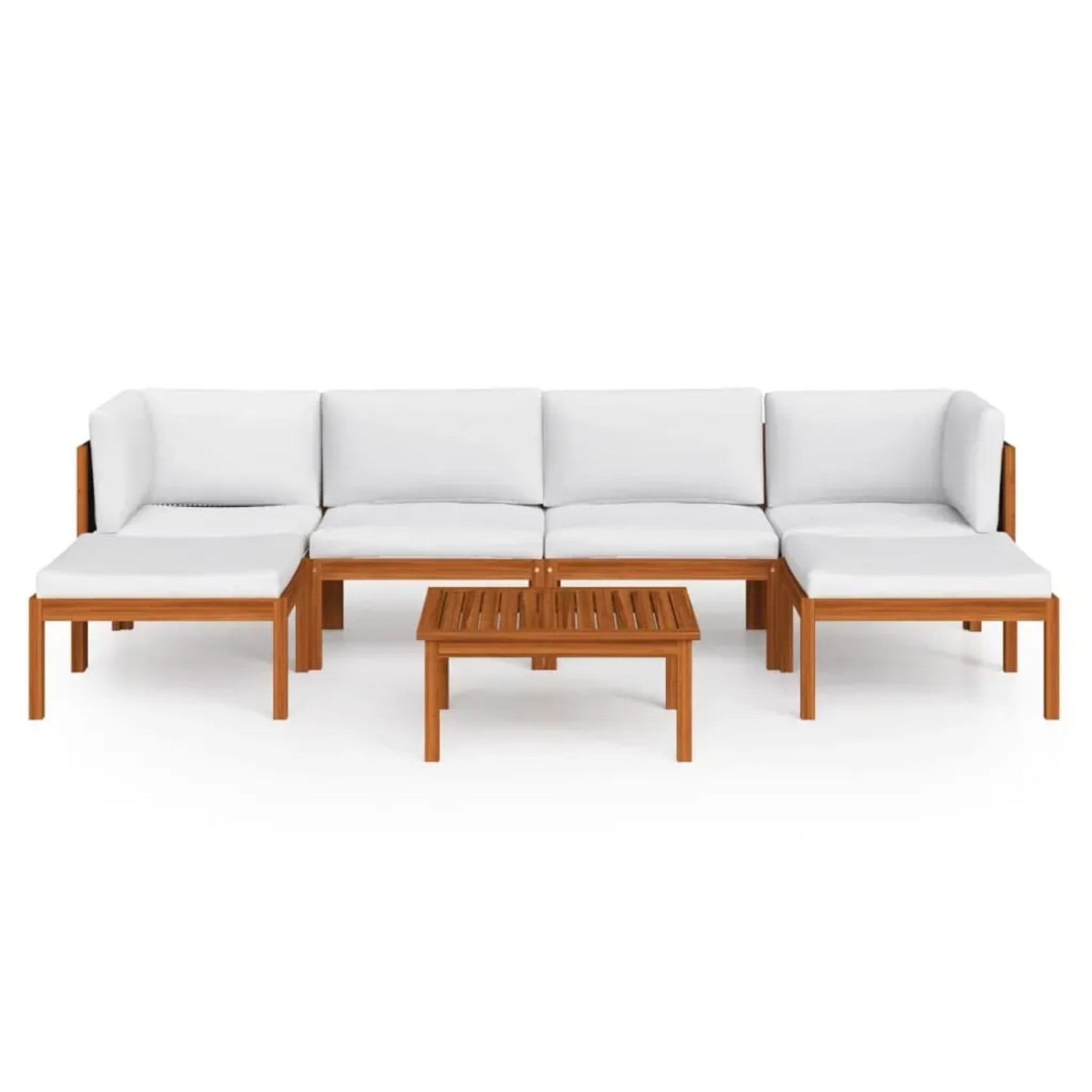 7-teiliges Garten Lounge Set aus Akazienholz mit cremefarbenen Kissen und Seilrückenlehne.