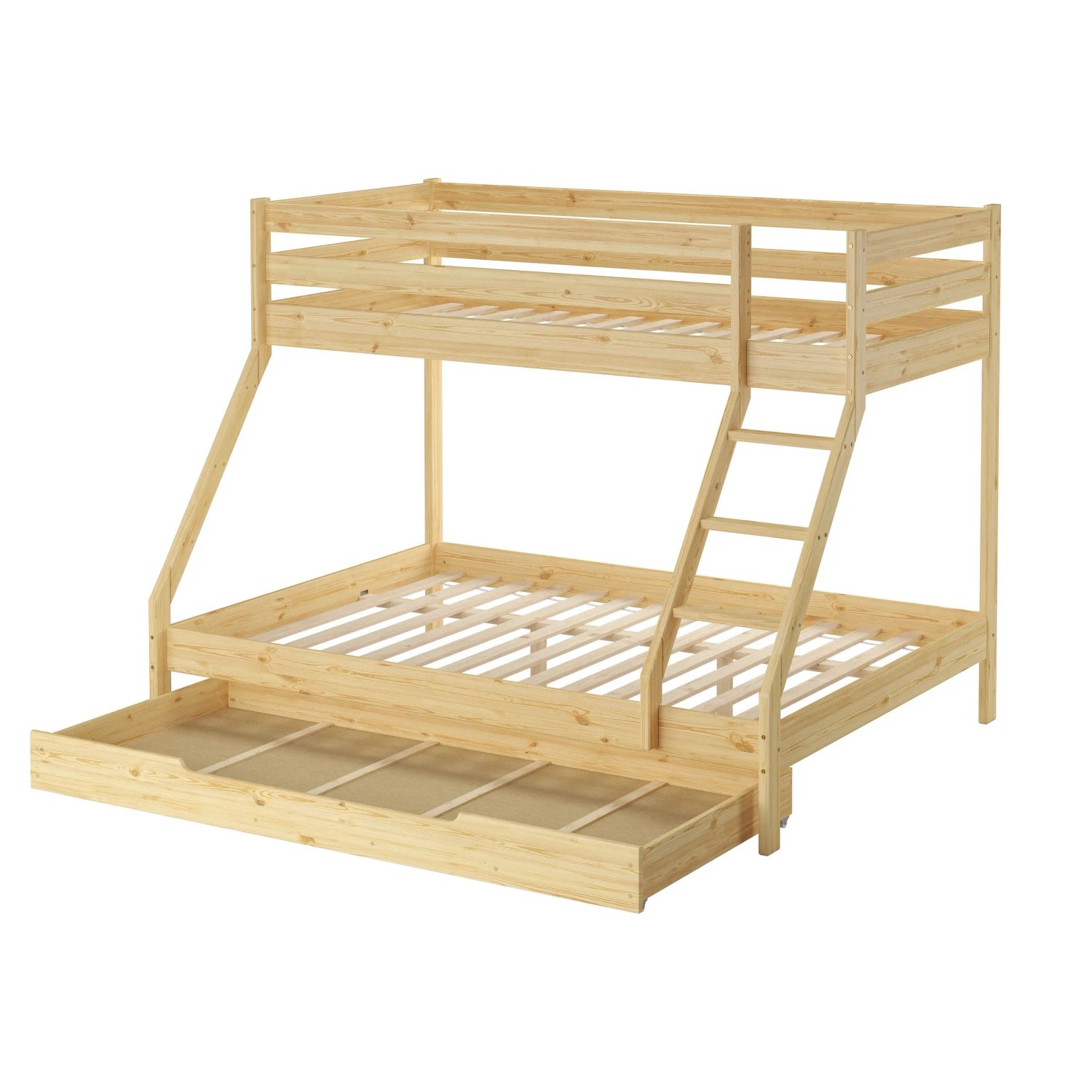 Erst-Holz Doppel-Etagenbett 90 x 200 cm / 140 x 200 cm Kiefer Massivholz Natur Modell 19 Rollrost und Bettkasten inkl.