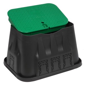 Rain Bird Ventilbox für 4 Ventile, rechteckig, aus PP-Kunststoff, mit grünem Deckel.