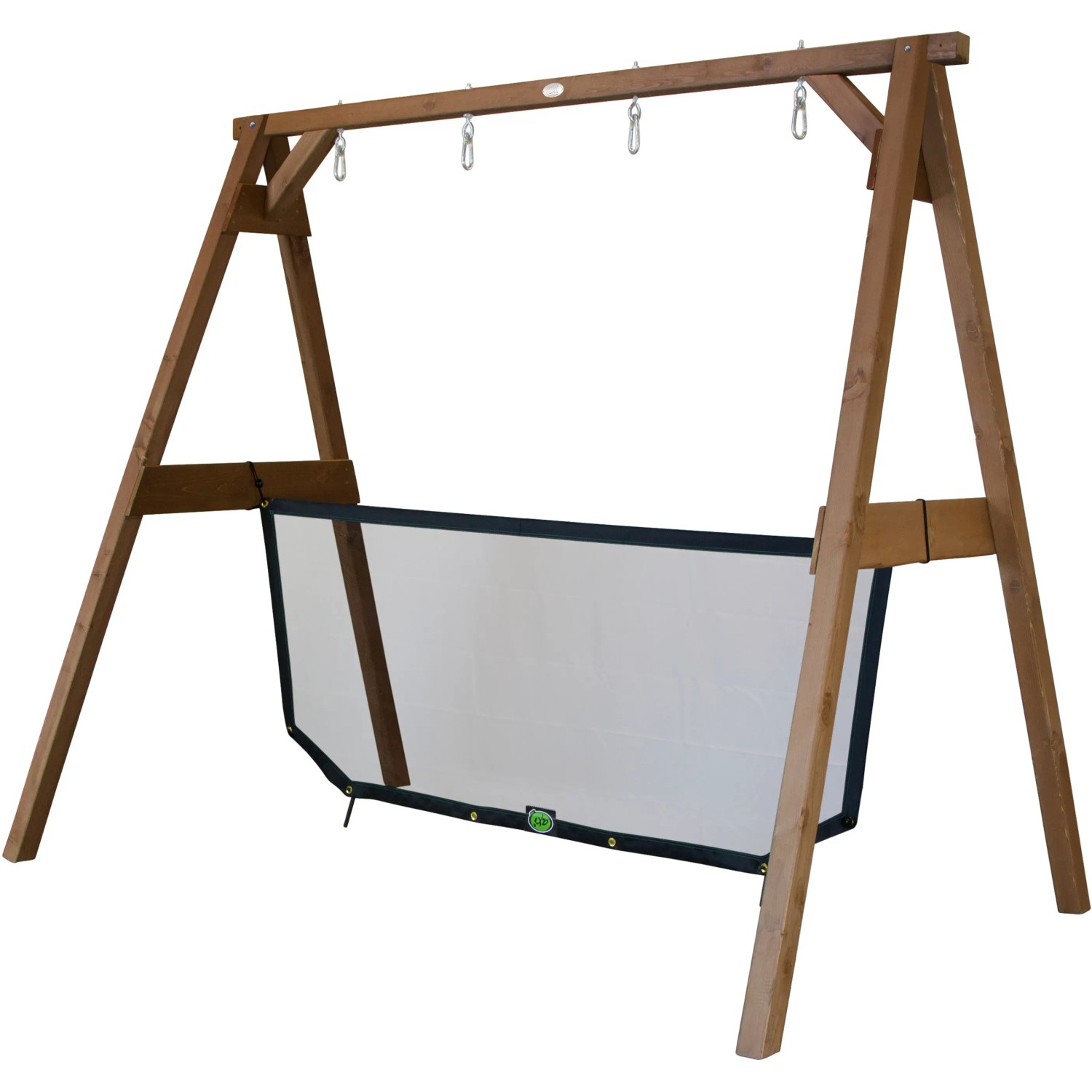 Axi 4-in-1 SportsFun Schaukelgestell aus braunem Holz mit Netz für Sportarten wie Fußball. 