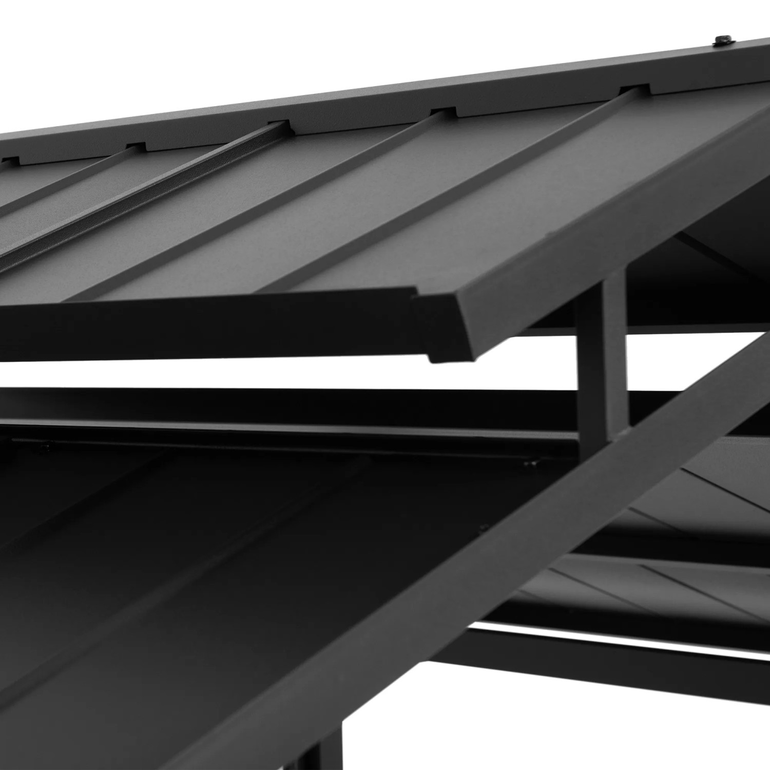 Detailaufnahme des zweistufigen Daches des braunen Sunjoy Stahl-Grillpavillons Ecrins.