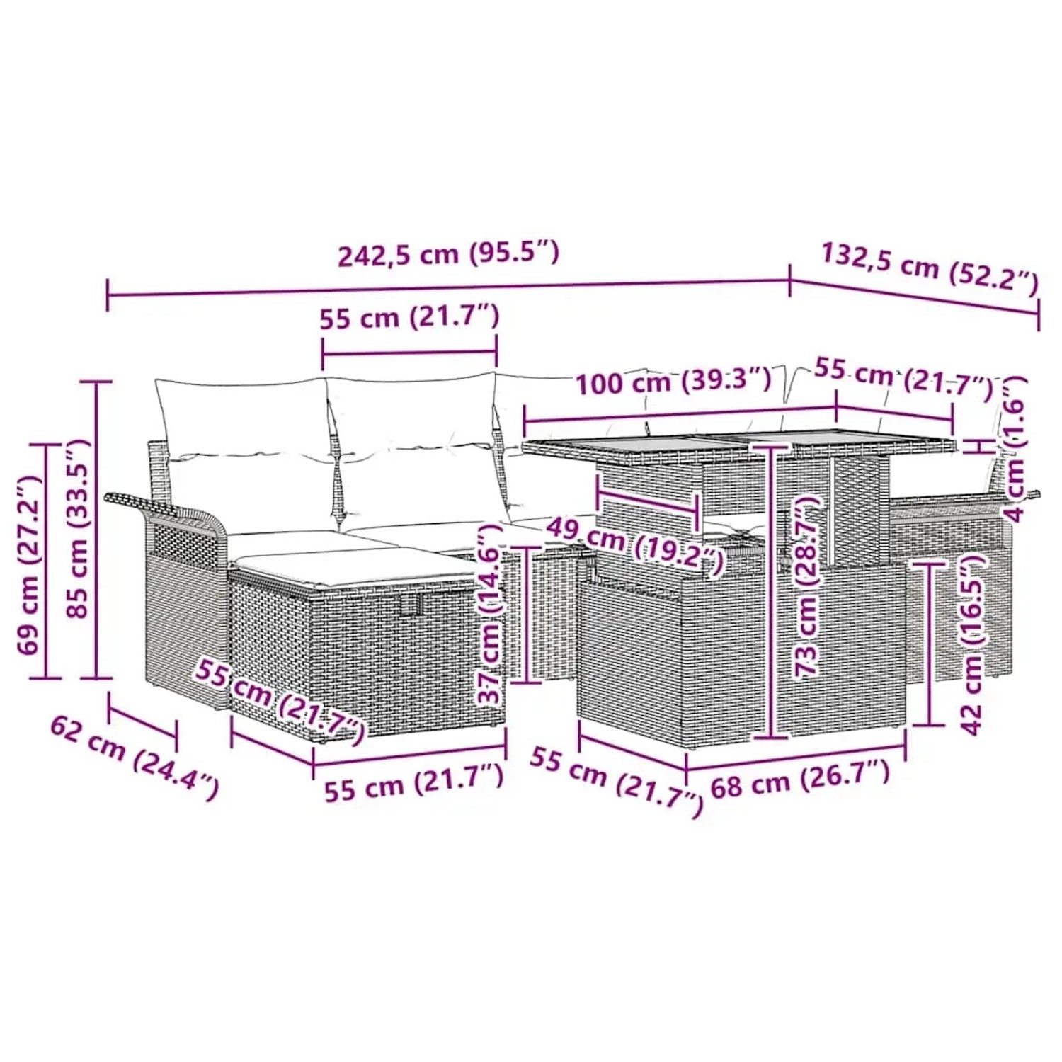 7-teilige schwarze Gartensofagarnitur aus Polyrattan mit Tisch und Kissen. Gartenmöbel für 4 Personen.