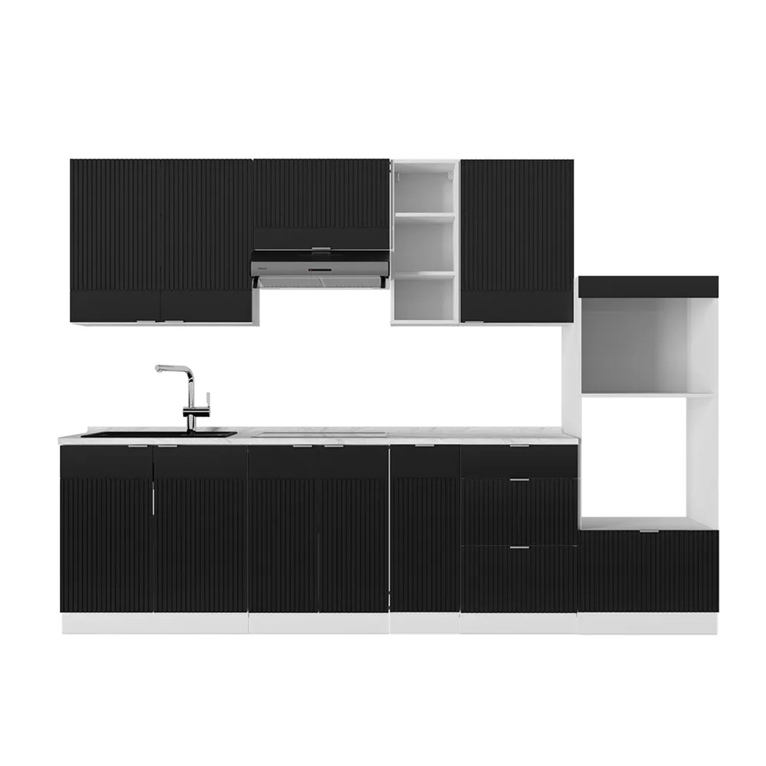 Vicco Fame-Line Küchenzeile Schwarz gestreift/Weiß 280 cm ohne Arbeitsplatte ohne E-Geräte