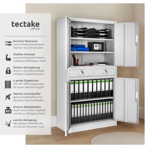 Heller, grauer Tectake Aktenschrank aus Stahl mit 4 Türen und 2 Schubladen, offen mit Aktenordnern.