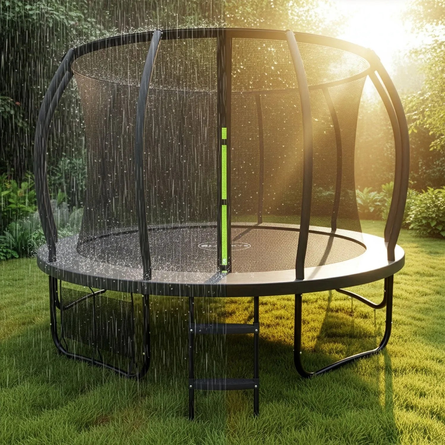 Schwarzes Juskys Trampolin SkyBounce L mit Sicherheitsnetz im Garten bei Regen.
