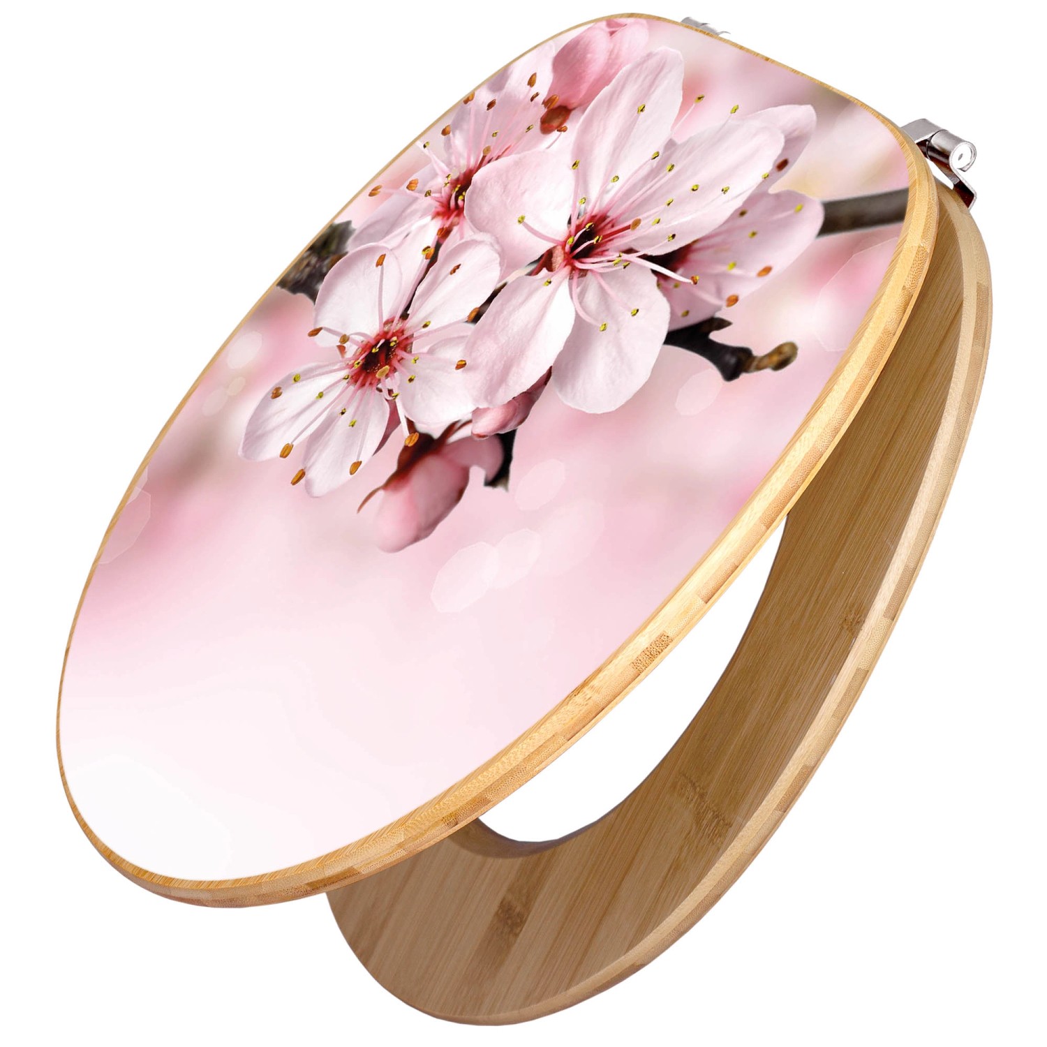 Banjado WC-Sitz aus Bambus mit Kirschblüten-Motiv. Toilettendeckel aus Holz mit Universal-Scharnieren.