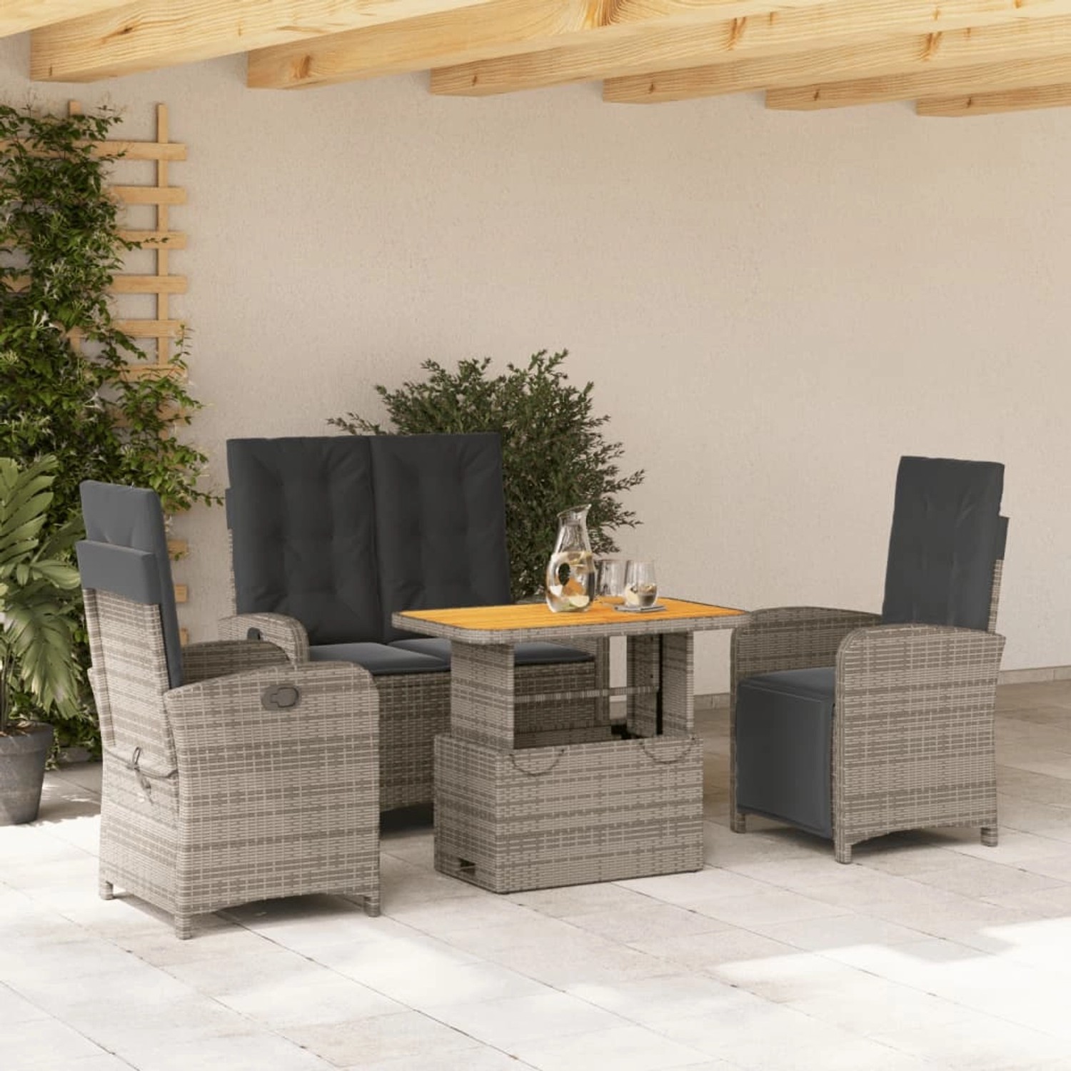 Graue 4-tlg. vidaXL Garten-Essgruppe aus Polyrattan mit Kissen. Gartenmöbel-Set mit verstellbarem Tisch und Sesseln.
