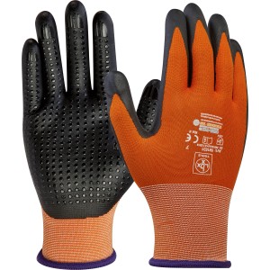 LUX Allroundhandschuhe Gr. 8, Arbeitshandschuhe mit schwarzer Handfläche und orangefarbenem Handrücken.