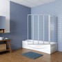 Weißer Badewannenaufsatz 100x140 cm mit Faltwand und Seitenwand aus ESG Sicherheitsglas.