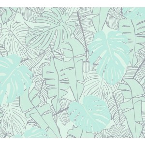 Mintgrüne Bricoflor Vliestapete mit Monstera- und Palmenblättern, Metallic-Effekt.