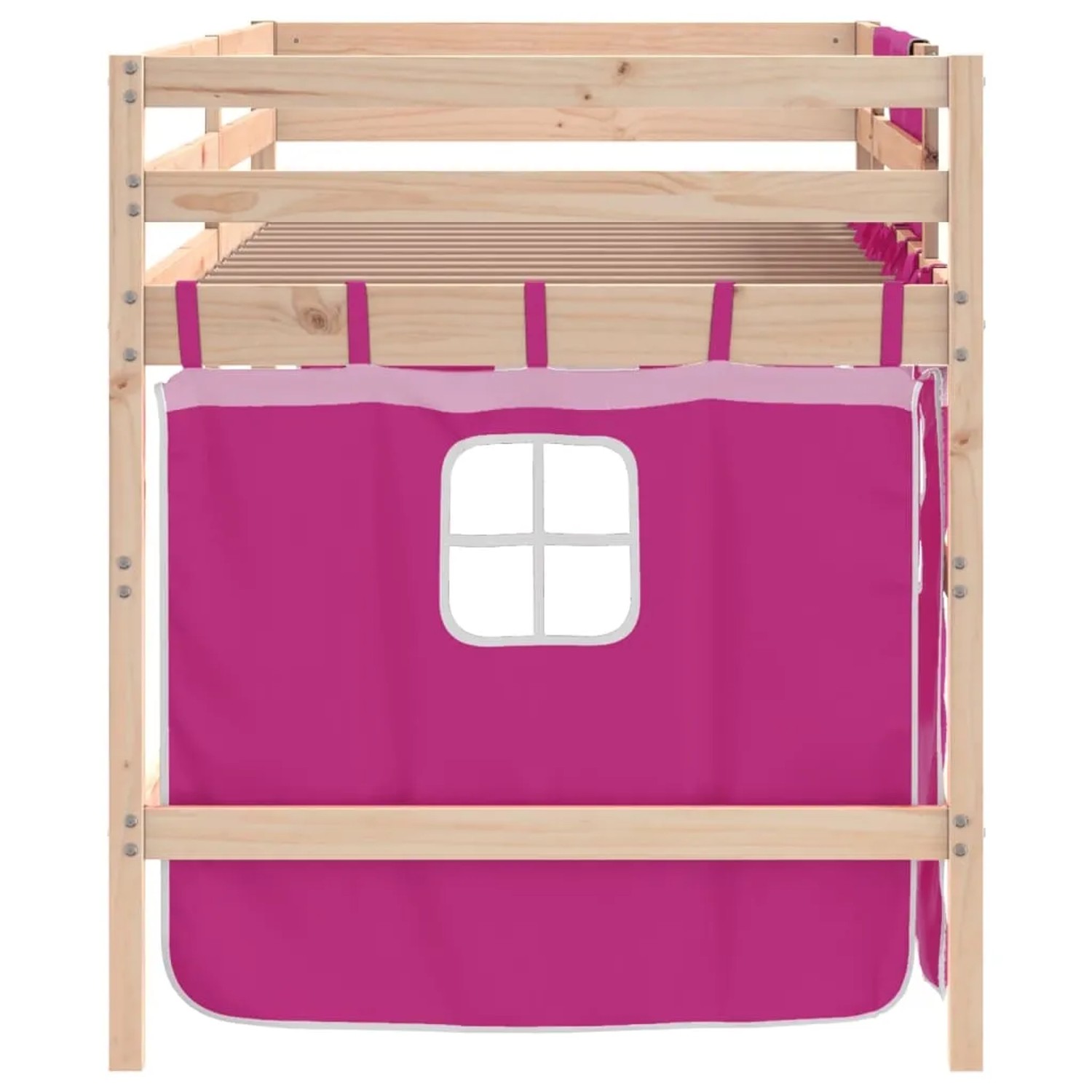 Kinderhochbett aus Kiefernholz mit rosa Vorhängen und Fensterdetail.