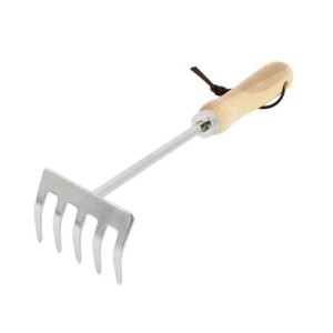 Galaflor Kleinrechen aus Edelstahl mit 5 Zinken und hellem Holzgriff. Handrechen für Gartenarbeit.