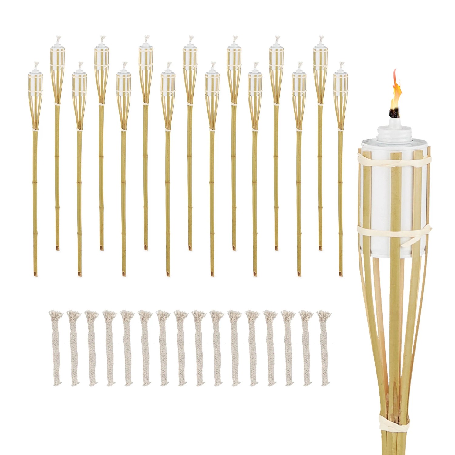 Relaxdays Gartenfackel Bambus Natur Weiß 16er Set 90 cm x 6 cm