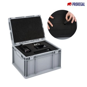 Graue Eurobox NextGen Portable (5er Sparset) mit Rasterschaumstoff und Einlage, geöffnet.