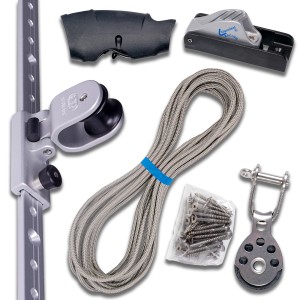 Toldoro Höheneinstellung Set für Sonnensegel mit Mast, Stange und Zubehör wie Seil, Schrauben und Umlenkrolle.