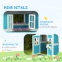 Detailansicht: Blau-weißes Outsunny Kinderspielhaus aus Holz mit Fenster und Tür im Garten.