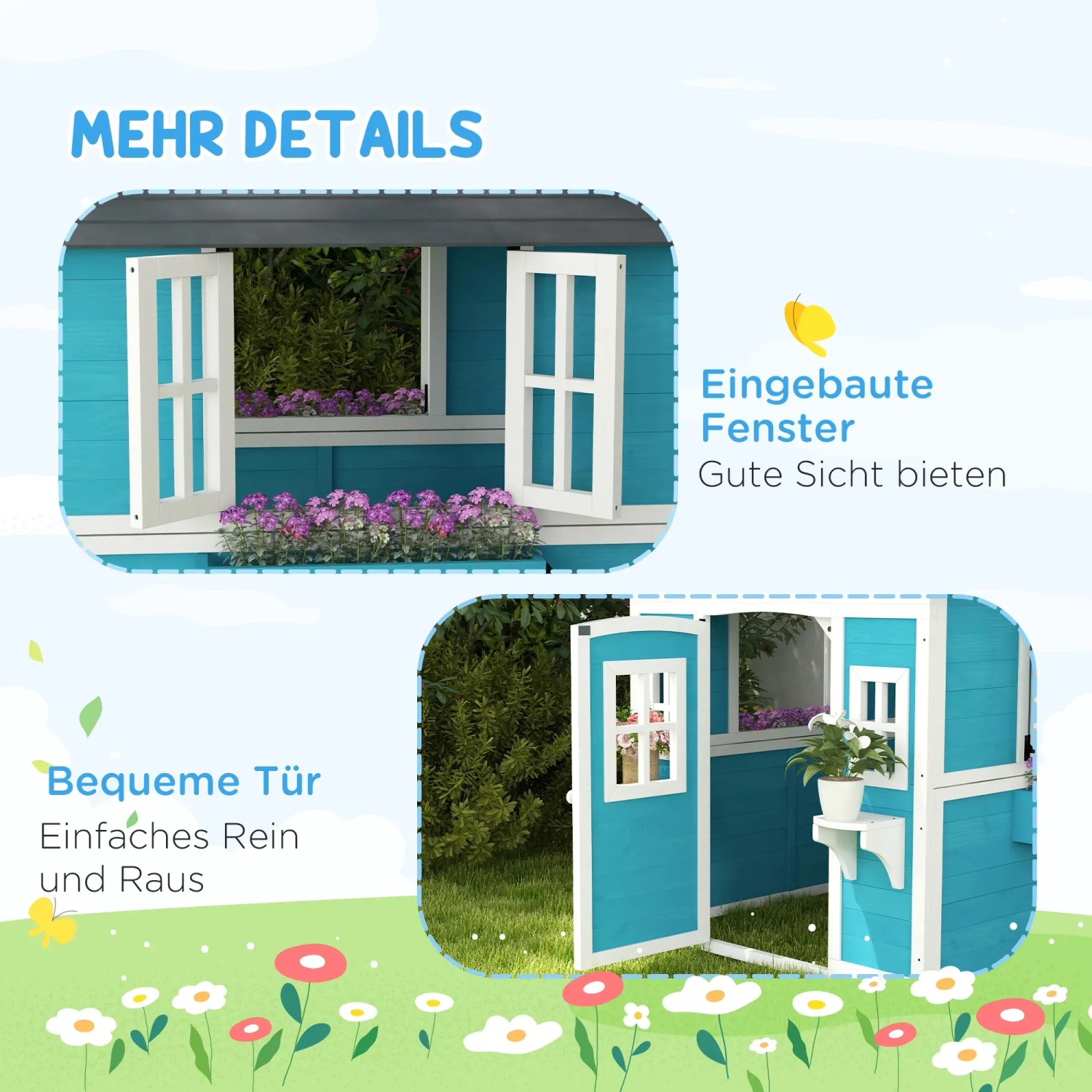 Detailansicht: Blau-weißes Outsunny Kinderspielhaus aus Holz mit Fenster und Tür im Garten.