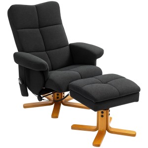 Schwarzer HOMCOM Massagestuhl mit Hocker, Relaxsessel mit Liegefunktion und Holzfuß