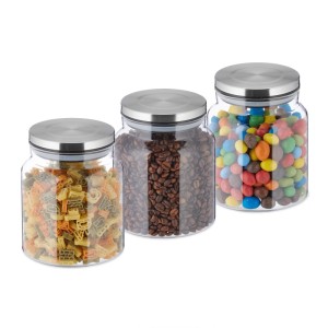 3er Set Relaxdays Vorratsgläser aus Glas, transparent, mit Nudeln, Kaffeebohnen und Schokolinsen gefüllt.