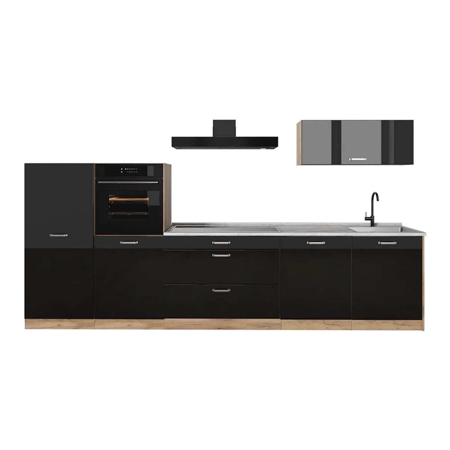Vicco Küchenzeile R-Line Schwarz Hochglanz/Goldkraft Eiche 340 x 143 Arbeitsplatte Marmor Art Nr 66535