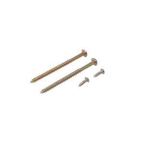 Schrauben-Set: Zwei goldfarbene Holzschrauben und zwei silberfarbene Blechschrauben.