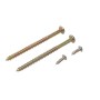 Schrauben-Set: Zwei goldfarbene Holzschrauben und zwei silberfarbene Blechschrauben.