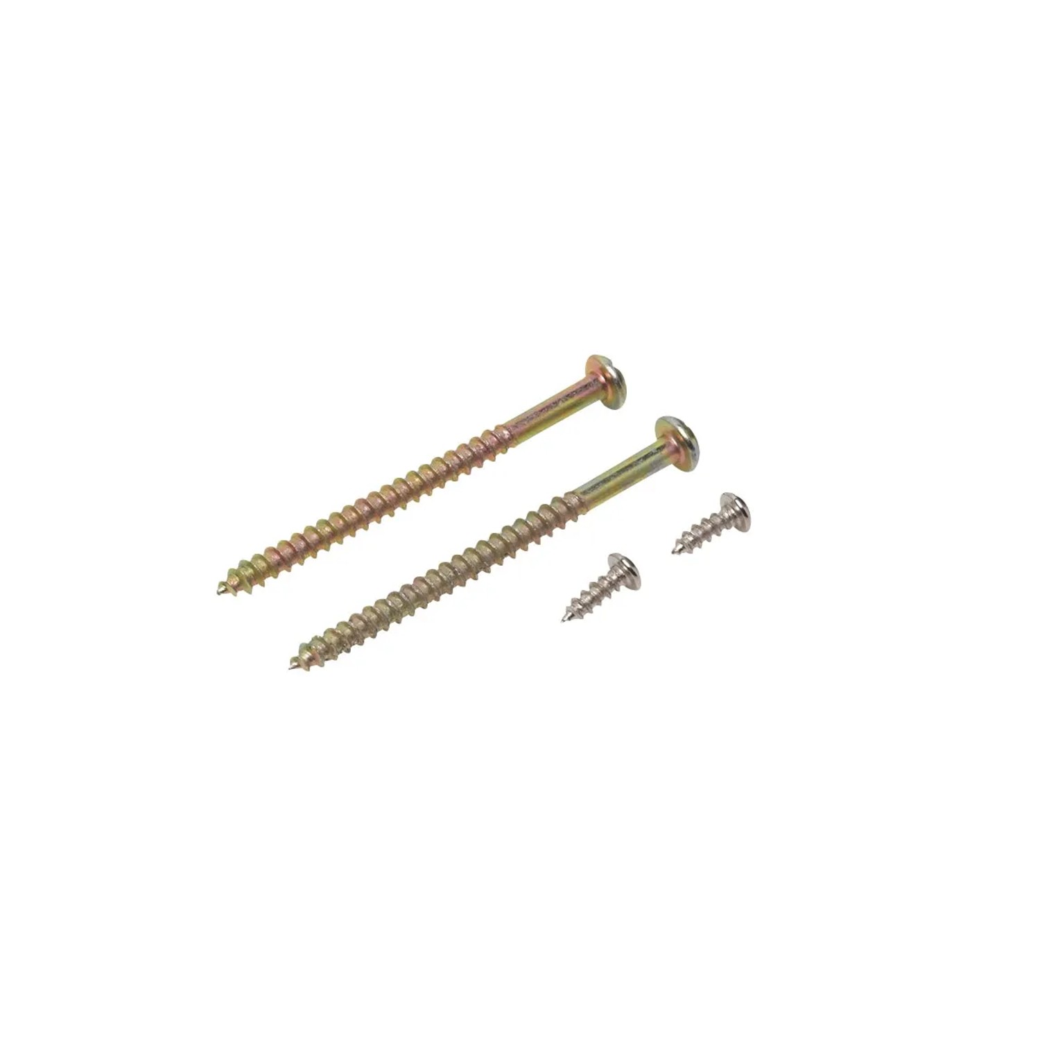 Schrauben-Set: Zwei goldfarbene Holzschrauben und zwei silberfarbene Blechschrauben.