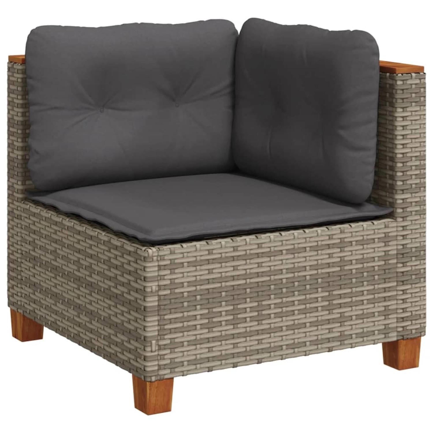 Graues Ecksofa aus Polyrattan mit dunklen Kissen, Teil der vidaXL Garten-Sofagarnitur.