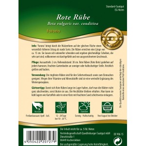 Samentüte Quedlinburger Rote Rübe 'Forono', länglich, rot, für den Gemüseanbau im Garten.