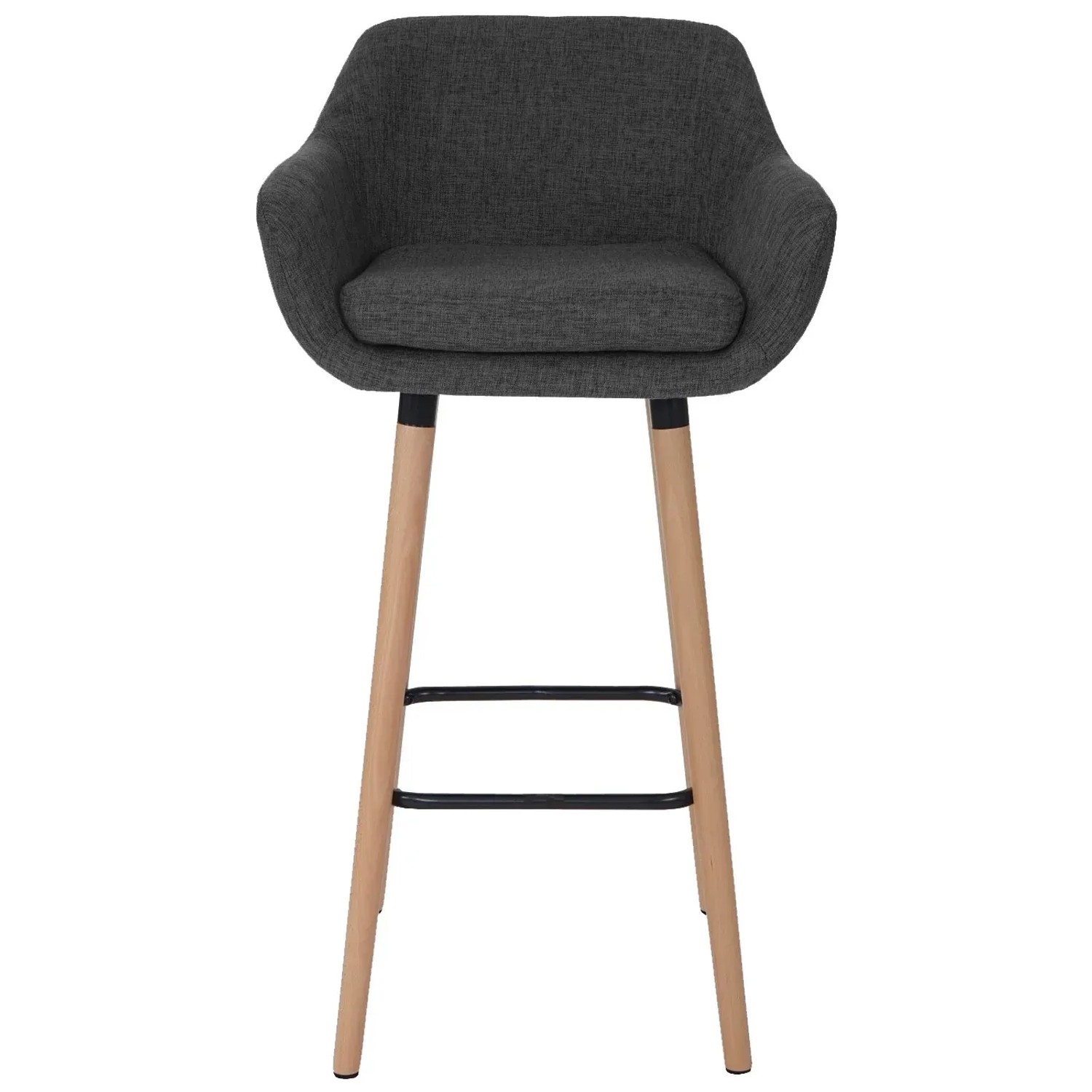 Dunkelgrauer PROREGAL Barhocker Oslo mit Textilbezug, Lehne und braunen Buchenholzbeinen. Sitzhöhe 79cm, skandinavischer Stil.