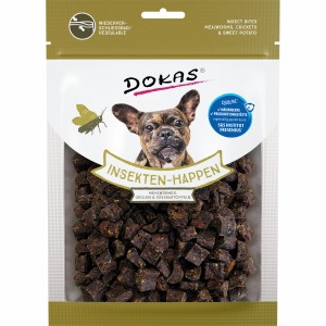 Dokas Insekten-Happen mit Mehlwürmern, Grillen & Süßkartoffel, 100g. Getrocknete Hunde-Natursnacks im wiederverschließbaren Beutel.