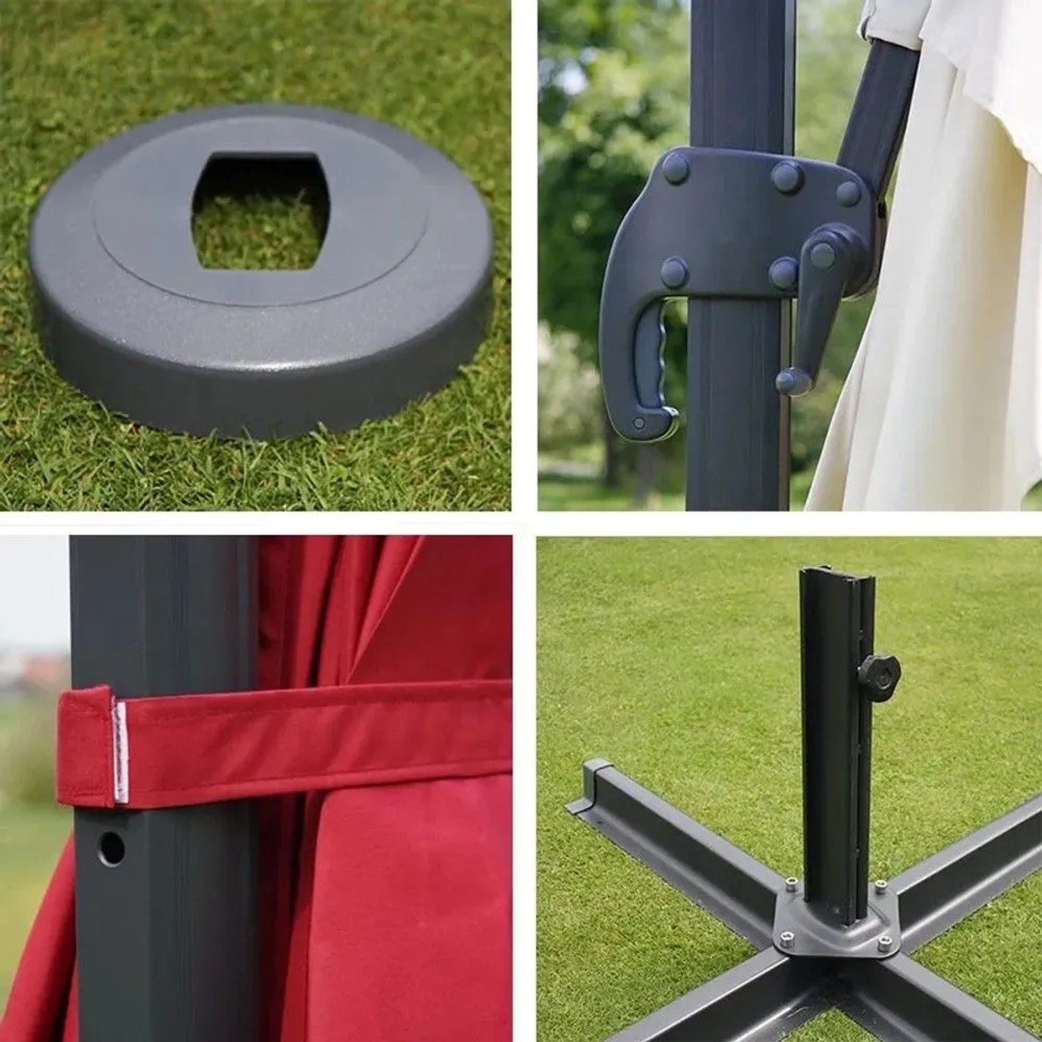 Details eines Ampelschirms: Graue Kurbel, Bodenkreuz, roter Schirmbezug mit Band, graue Beschwerungsplatte. Aluminium.