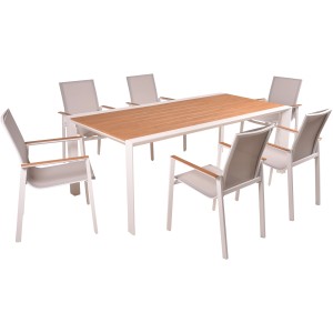 7-teiliges Gartenmöbel-Set Venice in Hellgrau: Tisch mit 6 Stühlen für den Outdoorbereich.