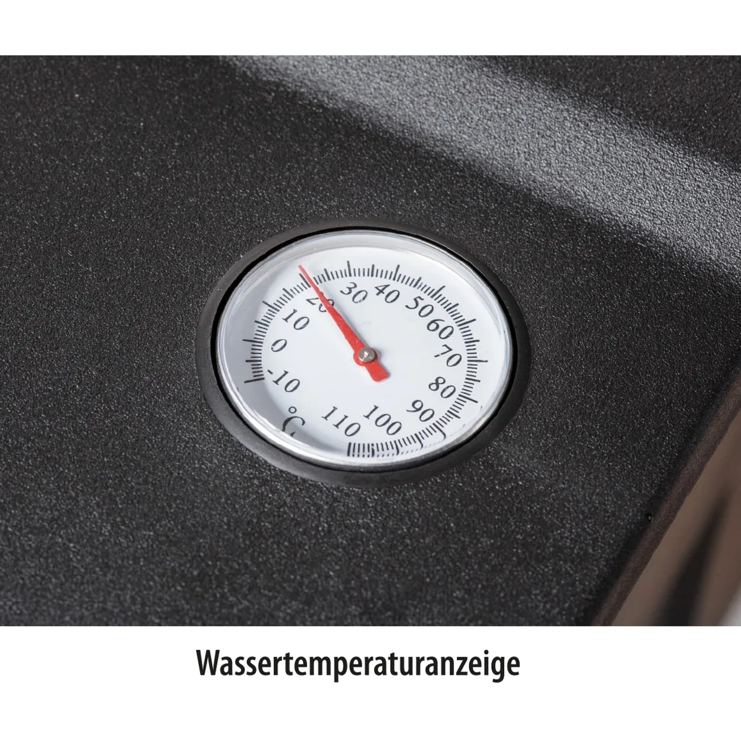 Detailaufnahme der Wassertemperaturanzeige des Heissner Durchlauffilter-Sets.