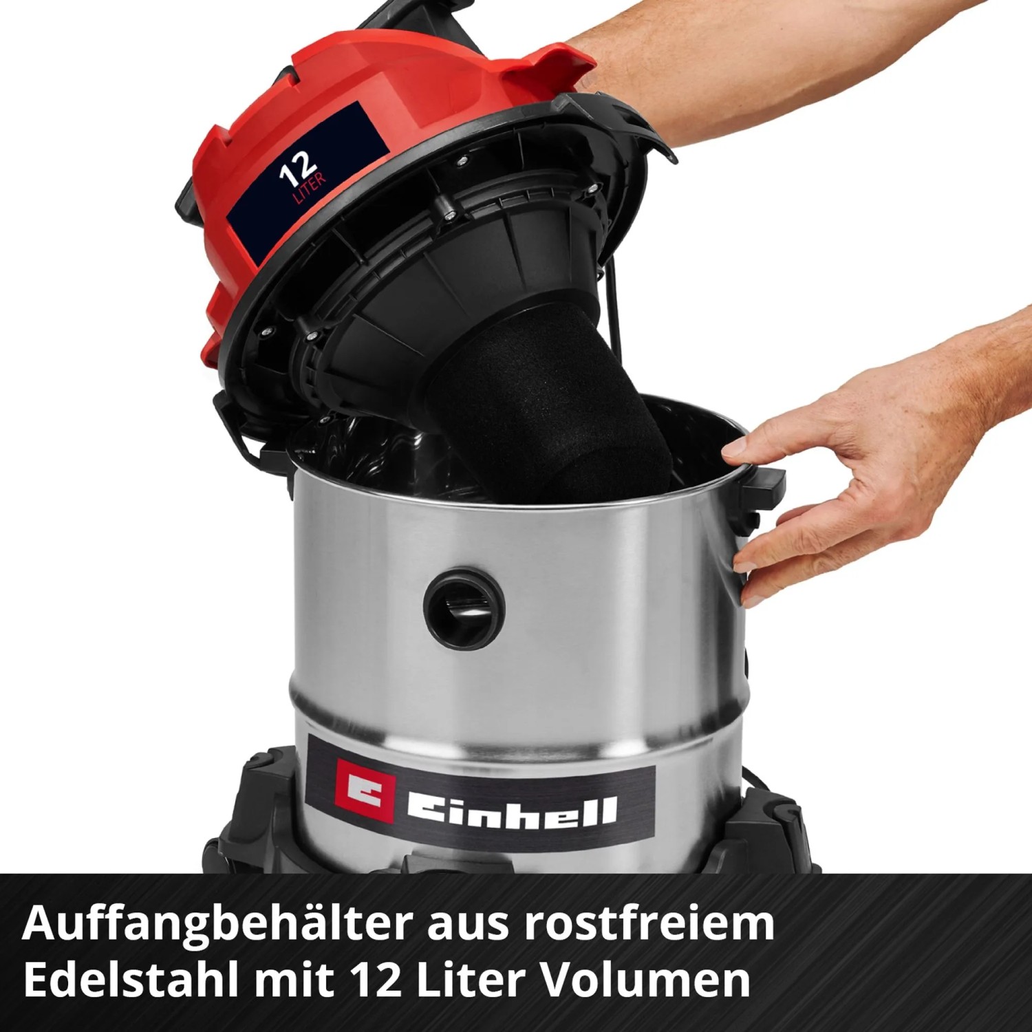 Einhell TC-VC 1240 S Nass-Trockensauger mit 12-Liter Edelstahlbehälter und Filter.