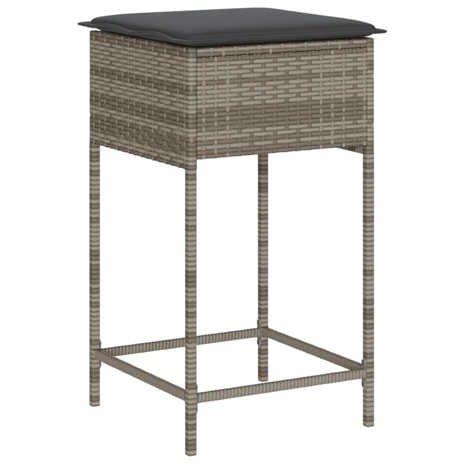 Gartenbar-Hocker aus grauem Rattan mit dunklem Kissen, Teil des 5-tlg. vidaXL Gartenmöbel Sets.