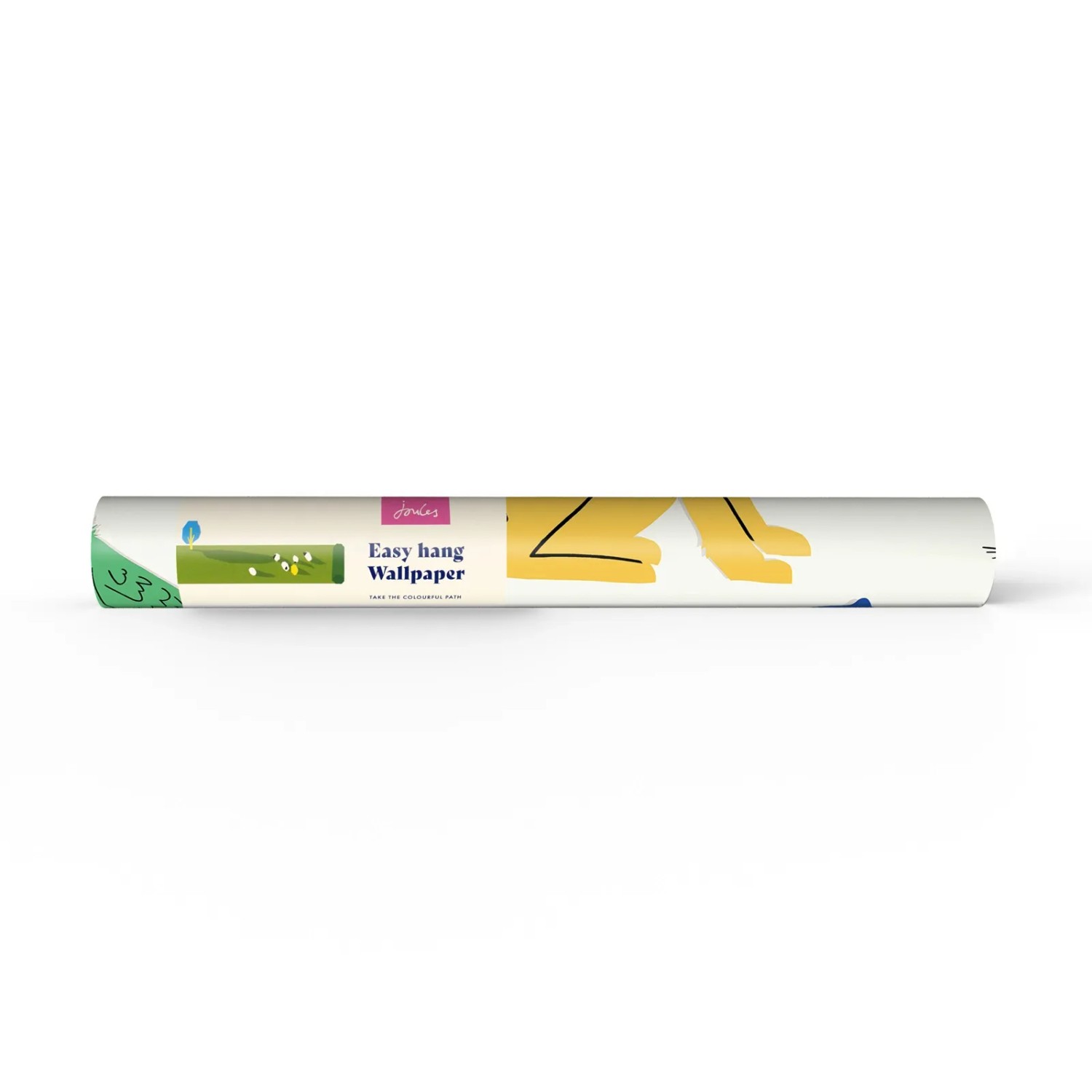 Gerollte Joules Vliestapete Country Critters mit Tiermotiven in Weiß und Regenbogenfarben.