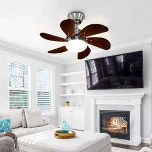 NETTLIFE Deckenventilator L75 Silber aus Metall mit 6 dunklen Holzflügeln und integrierter Leuchte in modernem Wohnzimmer.