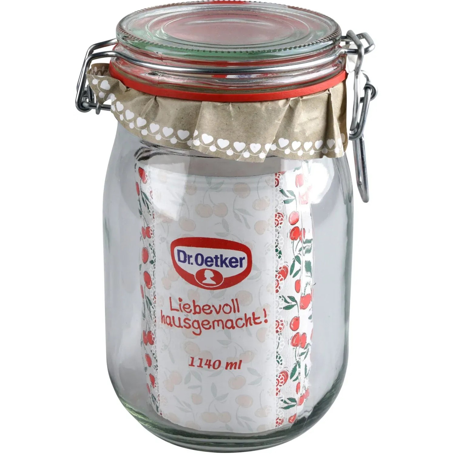 Dr. Oetker Bügelglas, 1140ml, transparent, mit rotem Dichtungsring und Etikett, Küchenhelfer.