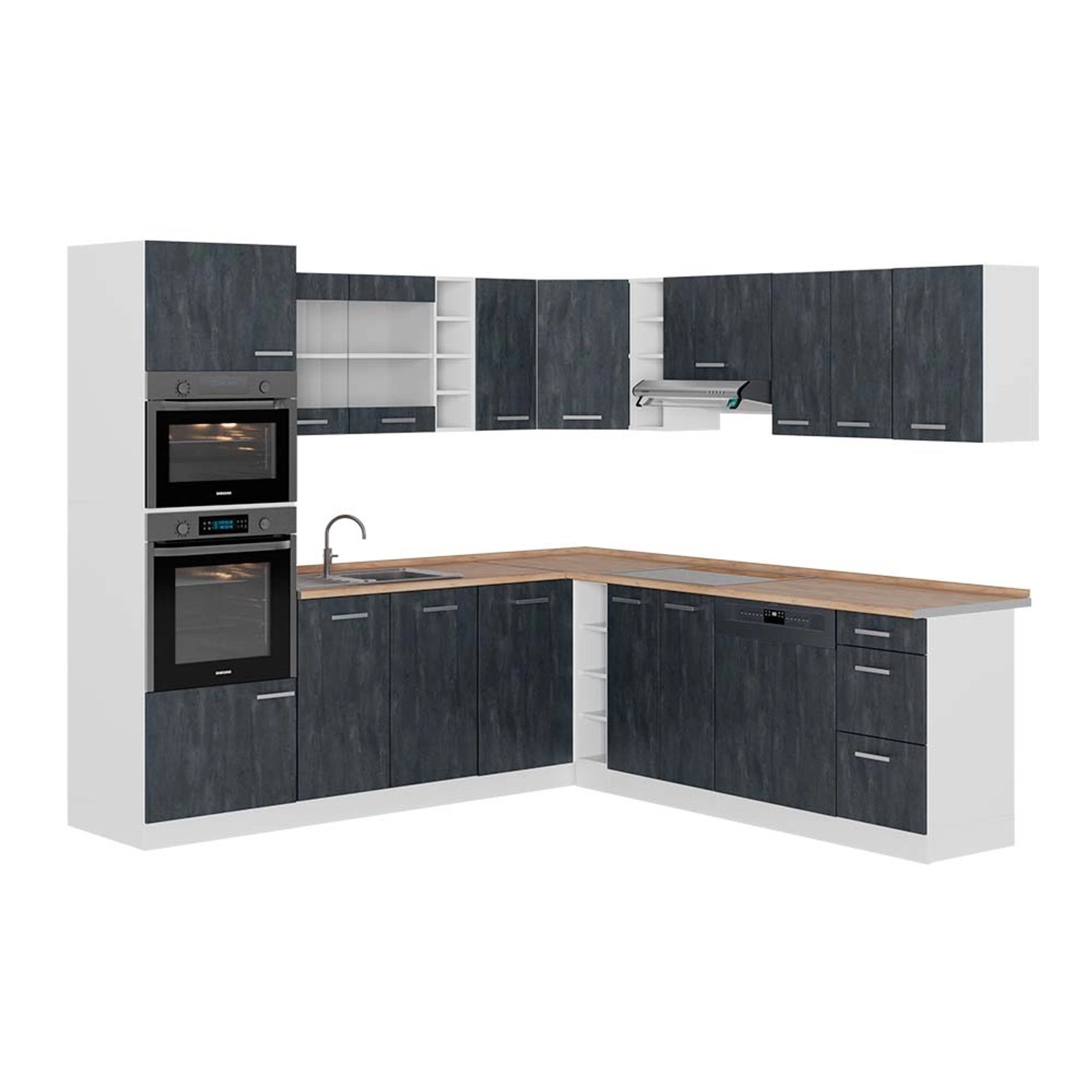 Vicco R-Line Einbauküche in L-Form Schwarz Beton/Weiß 237 x 247 cm AP Eiche günstig online kaufen