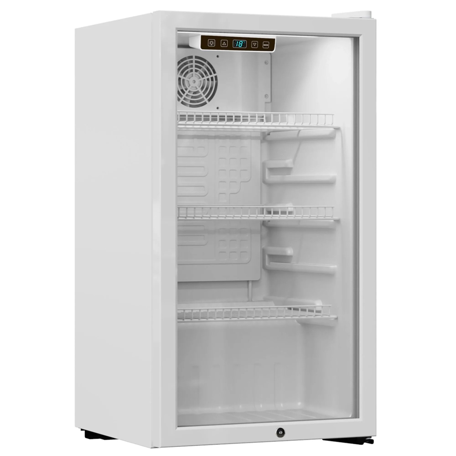 Weißer PKM Kühlschrank GKS83W mit Glastür und Innenraum mit Regalen. Ideal für Getränke.