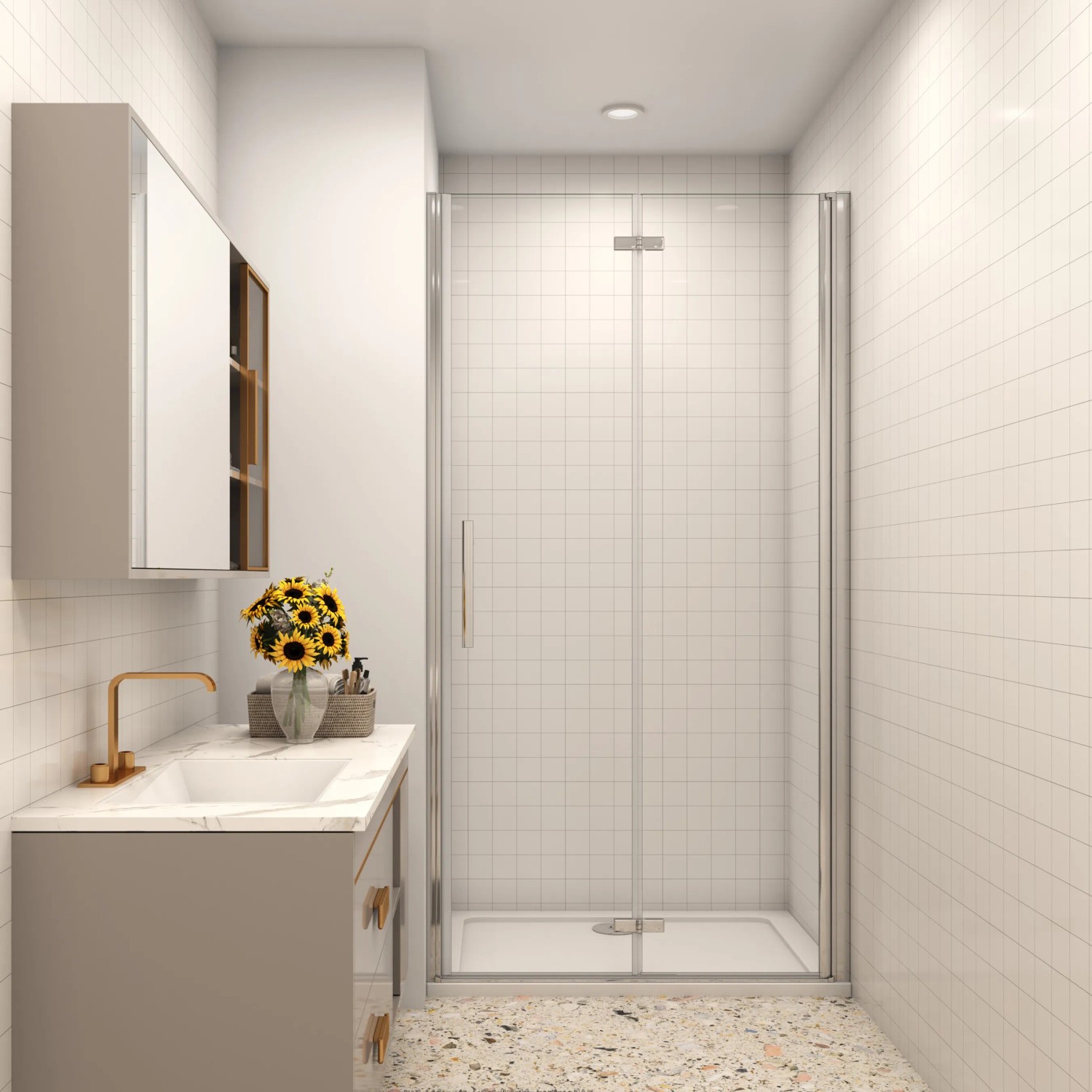 AICA Falttür Dusche 80x185cm mit ESG Glas und Nano-Beschichtung im Badezimmer.